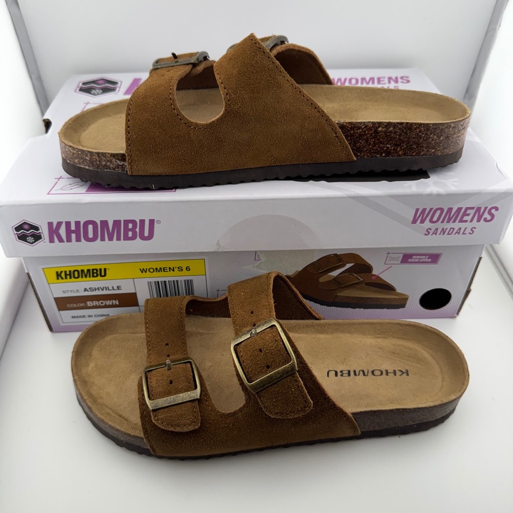 Khombu Ashville Sandals Womens 6 Brown New Suede Two Strap Buckle Slide Shoes